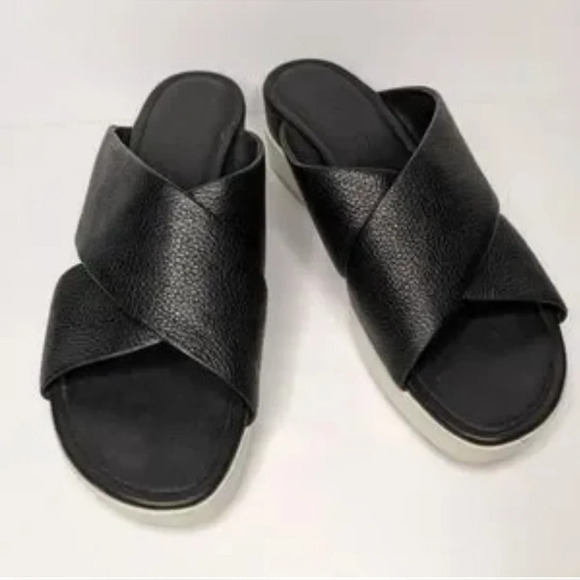 Ecco Touch Plateau Black Leather Platform Slide Cross Strap Sandals 7 - Picture 3 of 9